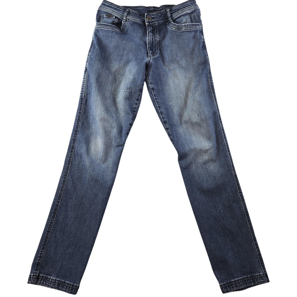 Kuhl Jeans Mens 35x34 Blue Slim Straight Distressed Denim Cotton Logo Patch